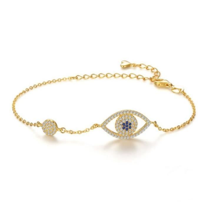 Bracelet En Sterling Pur Mignon Cristal Bleu Or Mauvais Œil Bracelet Chance Pour Femmes Bijoux Fins_Or