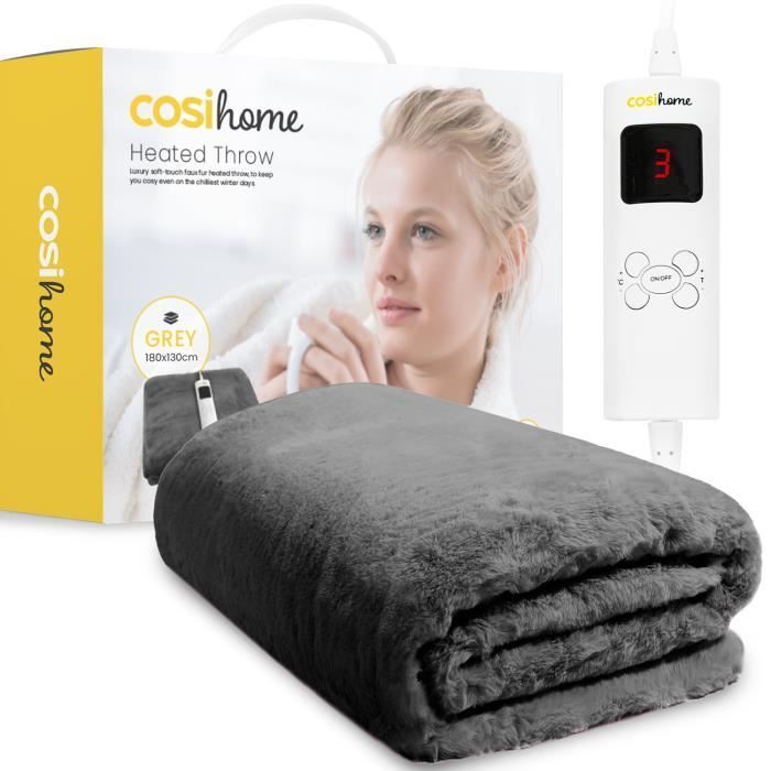 Cosi Home Couverture Chauffante Electrique Luxe en Fausse Fourrure 180 x 130 cm, 9 réglages de Chaleur, Minuterie 9h - Gris