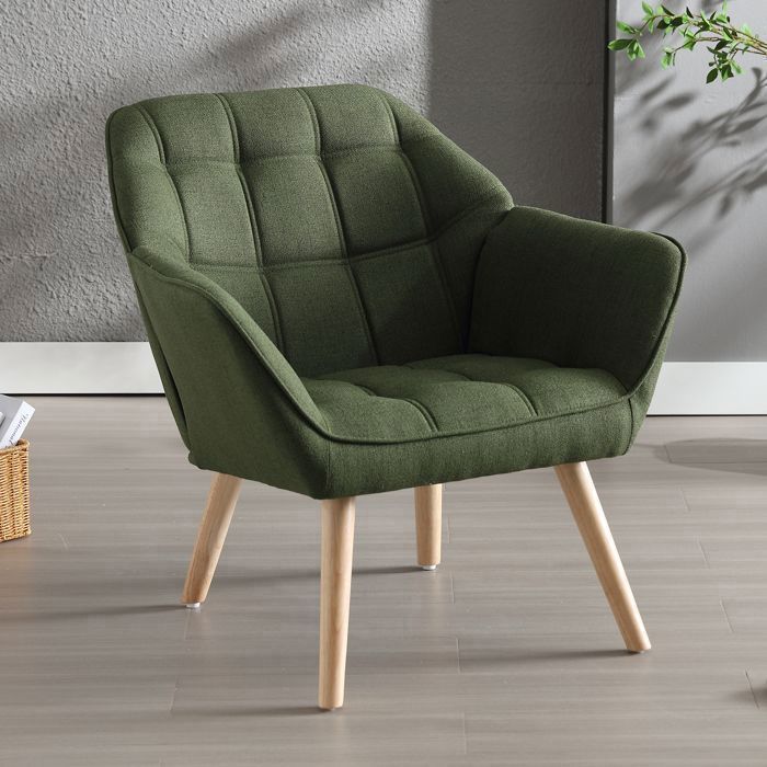Wahson moderne fauteuil voor de woonkamer, Scandinavische stijl fauteuil met houten poten, comfortabele designfauteuil met linnen bekleding, groen