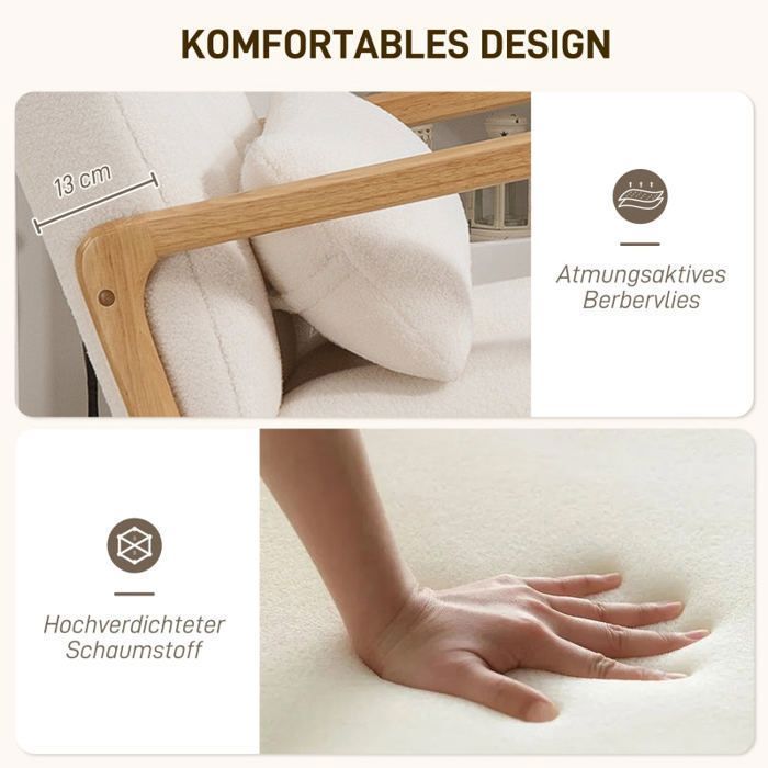 MEUBLES COSY Fauteuil à bascule avec repose-pieds, revêtement polaire blanc, dossier haut et structure bois naturel