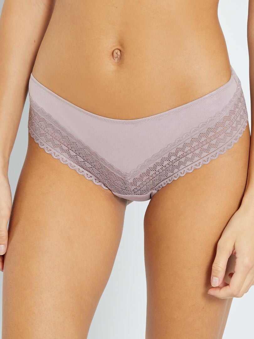 Set van 3 katoenen kanten stringtjes - roze en grijs