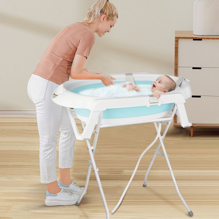 Bañera para bebé MIPAN con soporte - Bañera ergonómica para bebé - Con cojín - Drenaje integrado - 63*60*84,5 cm - Azul