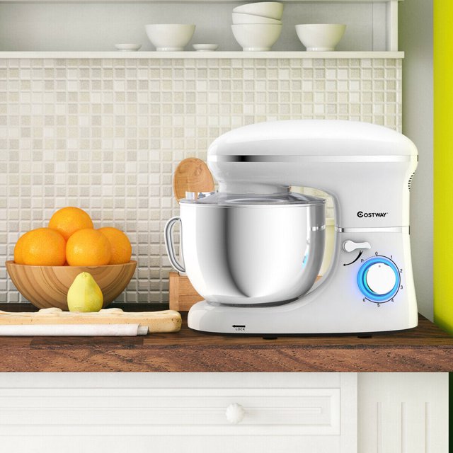 Batedeira de pedestal Costway de 6 velocidades, 660 W, com gancho para massa e batedor de arame, 6,3 qt (6,3 litros), branca.