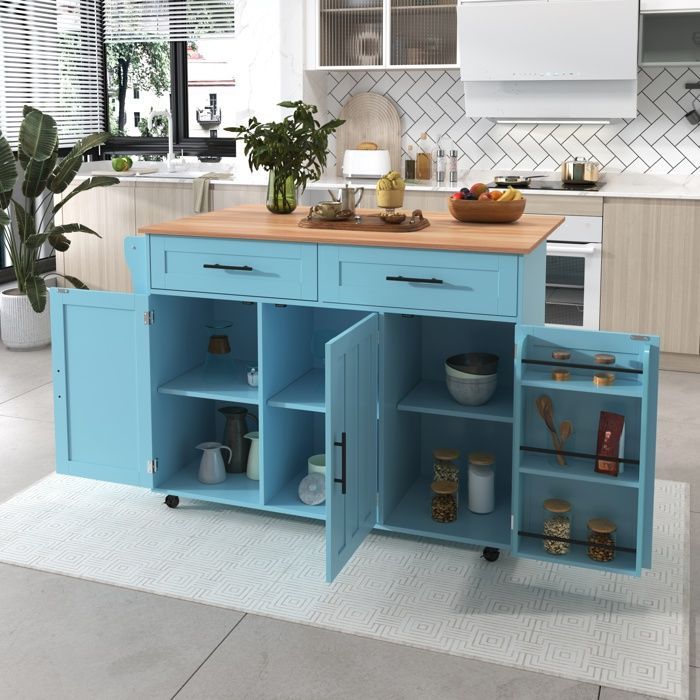 Desserte de Cuisine avec plan de travail, 2 Tiroirs et 3 Portes, Bîlot de cuisine extensible sur roulettes, 129x46-71x91.5cm, Bleu