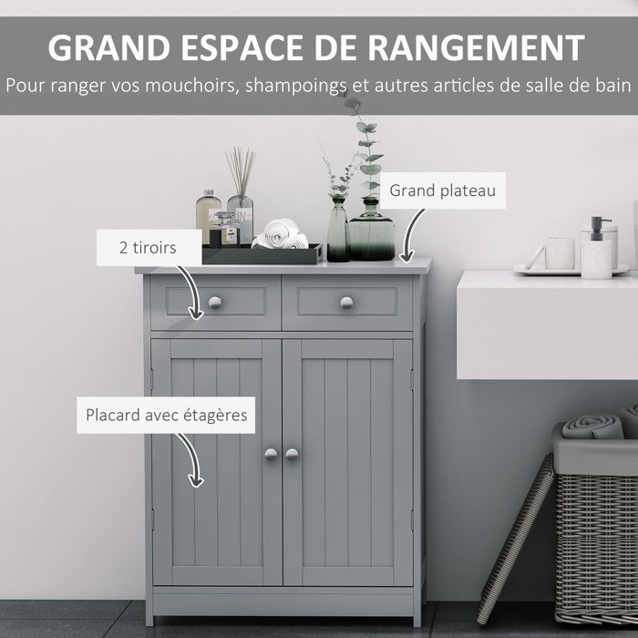 Meuble de salle de bain - meuble de rangement - kleankin - 2 tiroirs placard double porte réglable - bois - 60x30x75cm - gris