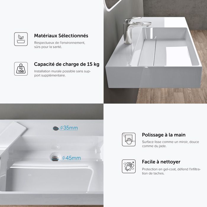 Lavabo mural doporro blanco de 120 cm, lavabo de encimera con desagüe, lavabo rectangular de 120 x 48 x 13 cm Colossum12
