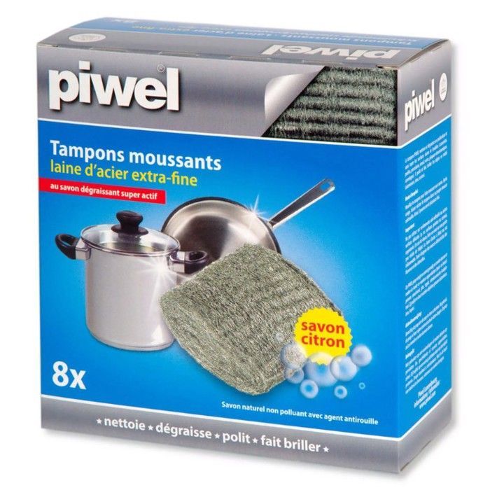 PIWEL Lot de 3 Boîtes de 8 Tampons à Récurer Savon Citron Laine d'acier Extra-Fine