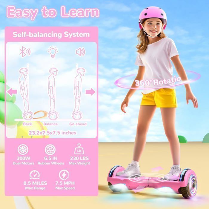 Hoverboard, patinete eléctrico autoequilibrado de 6,5 pulgadas con Bluetooth, ruedas y luces LED para niños y adultos.