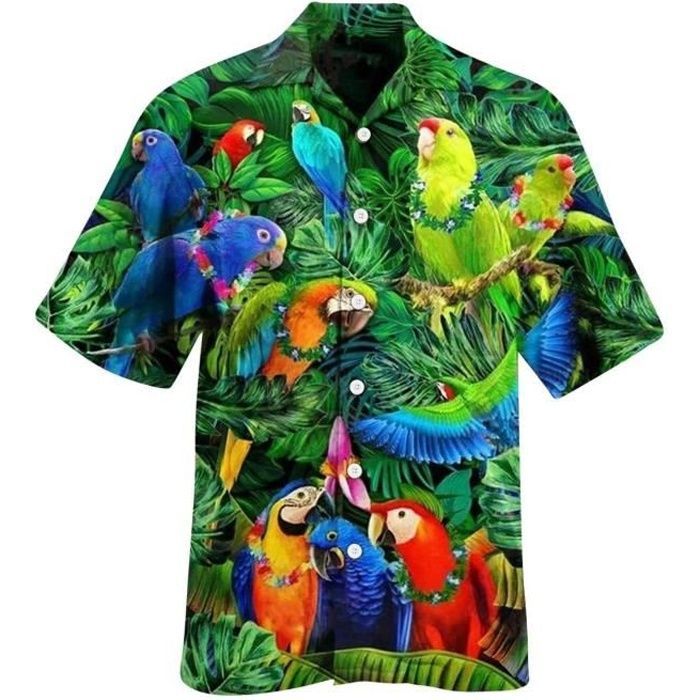 Camisa hawaiana INSFITY para hombre con estampado de loro, tallas grandes, manga corta - Verde