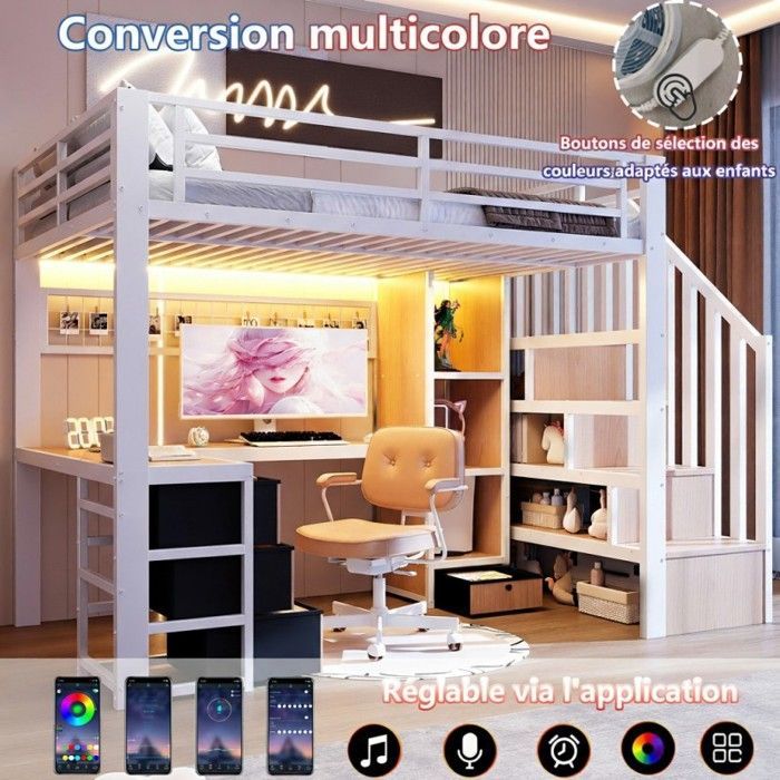 Lit mezzanine - LANGTU - 90x200 avec bureau - Escalier rangement - LED intégrée - 4 tiroirs - Métal/MDF - Blanc