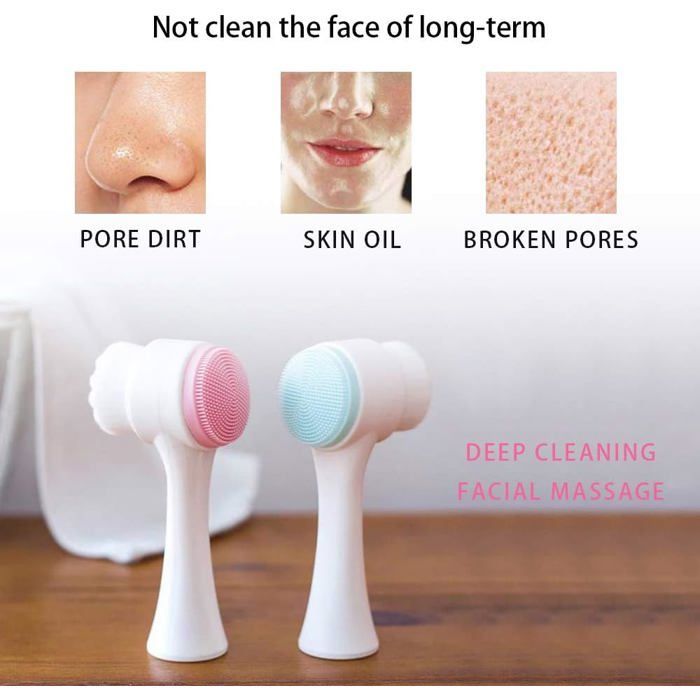 Cepillo limpiador facial 2 en 1 con doble cabezal, cerdas suaves y silicona (azul, rosa).