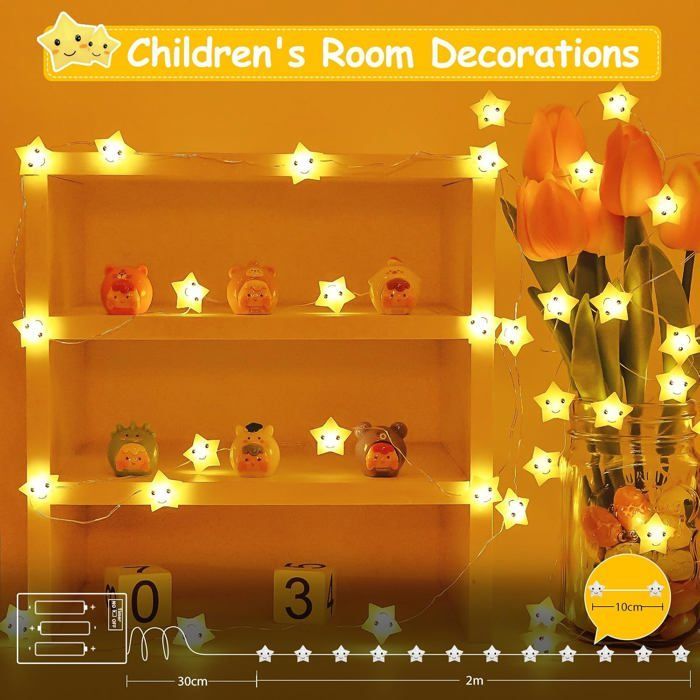 Battery Operated String Lights, 2m 20 LED Stars, Children's String Lights, with Timer, for Indoor Use