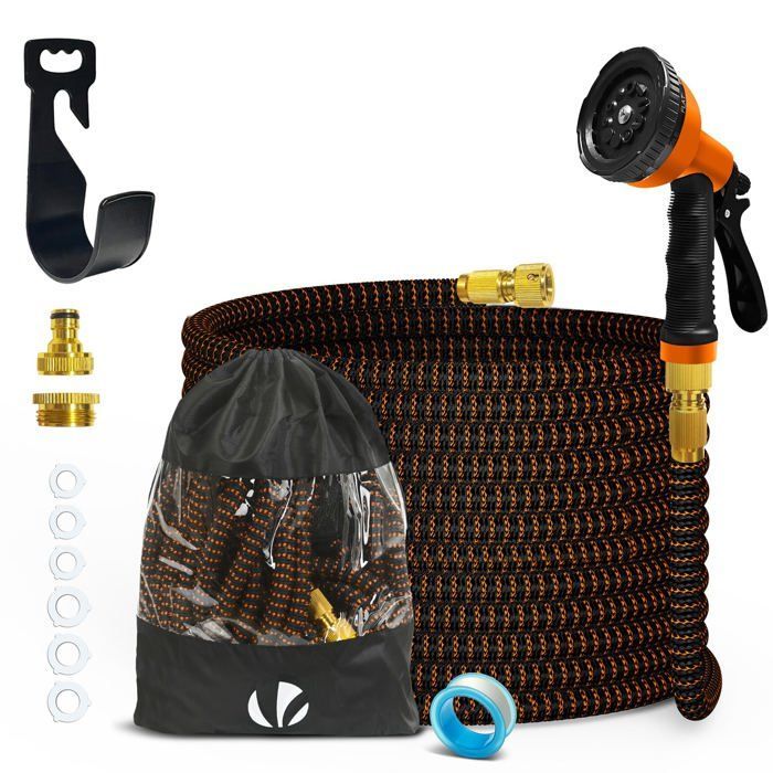 VOUNOT® Reinforced Expandable Garden Hose 15m Orange - 10 Modes - Connector and Storage Bag Included - Flexible, Leak-Proof