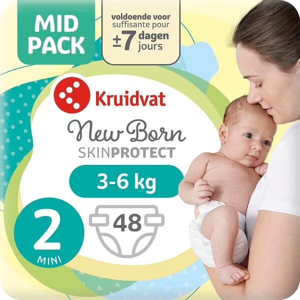 Kruidvat 2 mini plenice za novorojenčke, srednje pakiranje, velikost 2 (3-6 kg), 48 kosov