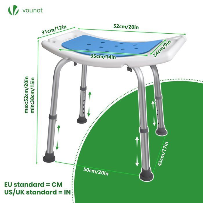 VOUNOT® Siège de douche ergonomique - Hauteur réglable - Pieds antidérapants - Tabouret en Aluminum HDPE - Bleu