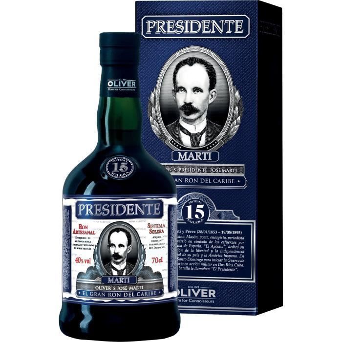 Ron Presidente Martí de 15 años - Ron extra añejo - República Dominicana - 40% vol. - 70 cl en caja de regalo