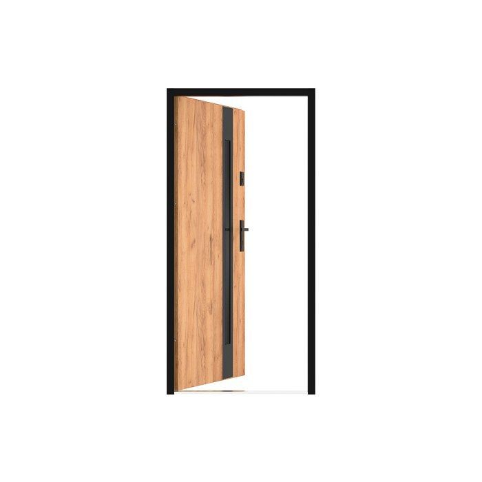Puerta frontal de acero macizo y acero inoxidable, 207 cm de alto x 100 cm de ancho - cristal ahumado - efecto roble y negro - 55 mm de espesor - apertura a la izquierda - BRAGA