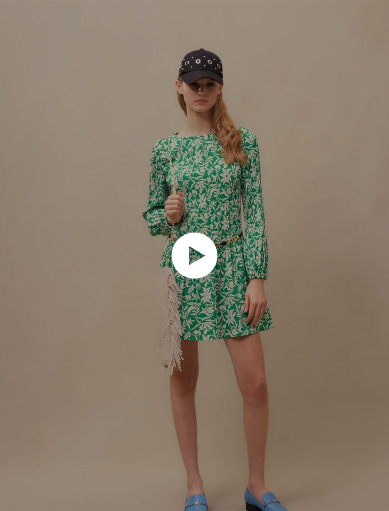 Korte jurk met lange mouwen, imprimé onirique vert