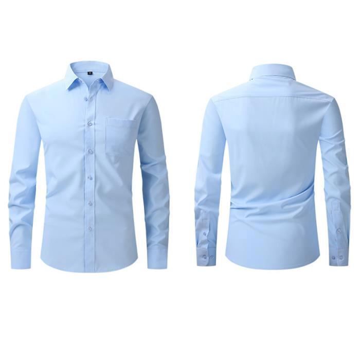 Camisa de manga larga ajustada para hombre, camisa elegante con bolsillo, color liso - Azul claro