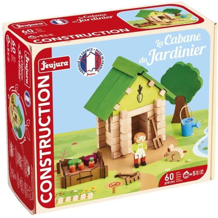 La Cabane du Jardinier 60 Pièces - JEUJURA - Jeu de Construction en Bois Naturel, Tapis et Accessoires Inclus, 22x18,5x8,5 cm