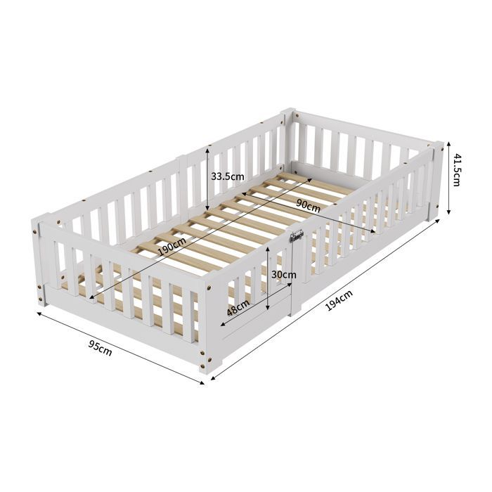Cama baja de 90x190 cm, LUMINARIX, Cama infantil de 90x190 cm con barandillas de seguridad, base de láminas, Pino macizo, blanco