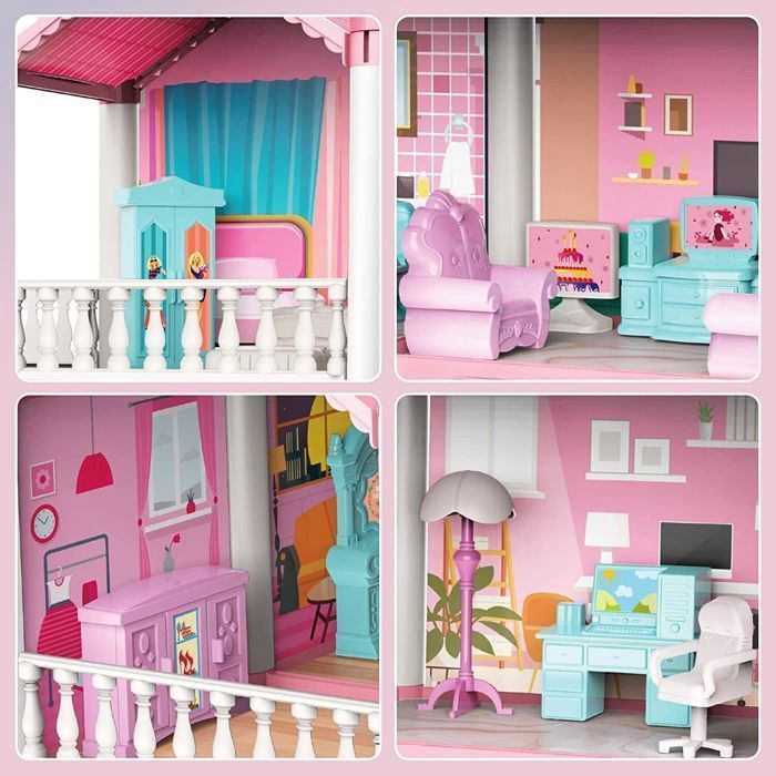 Dollhouse - 4 Floors, 11 Rooms, Pink Building Set, Dollhouse Accessories and Furniture, Gift for