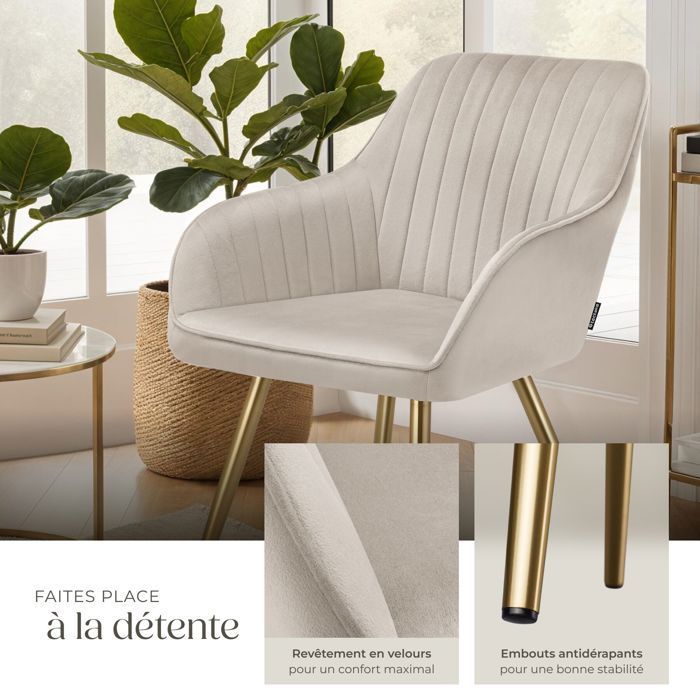 Stoel - TECTAKE - MARYLIN eetkamerstoel met fluweel en gewatteerde look en gouden stalen poten - Taupe/Goud