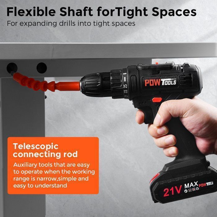 Taladro atornillador inalámbrico POWTOOLS - 21V - 1 batería de litio + 28 accesorios + cargador
