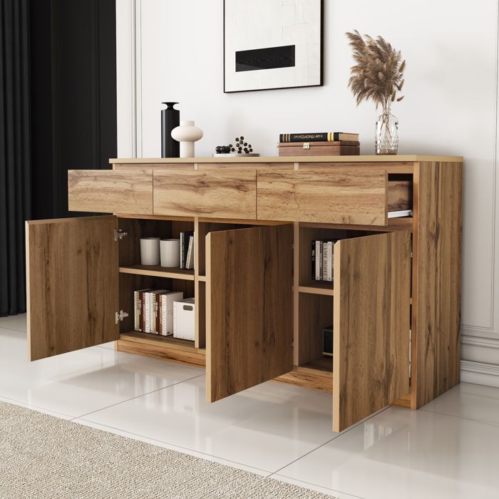 Niedriges Sideboard 135×40×81 cm mit 3 Türen und 3 Schubladen, Wohnzimmer-Sideboard mit Stauraum, Küchen-Sideboard in Holzoptik