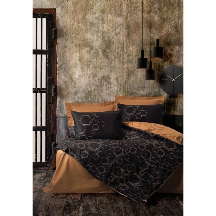 Parure de lit - 1 housse de couette 220 x 240 cm + 2 taies d'oreiller 60 x 60 cm - 100% coton renforcé - Cuivre
