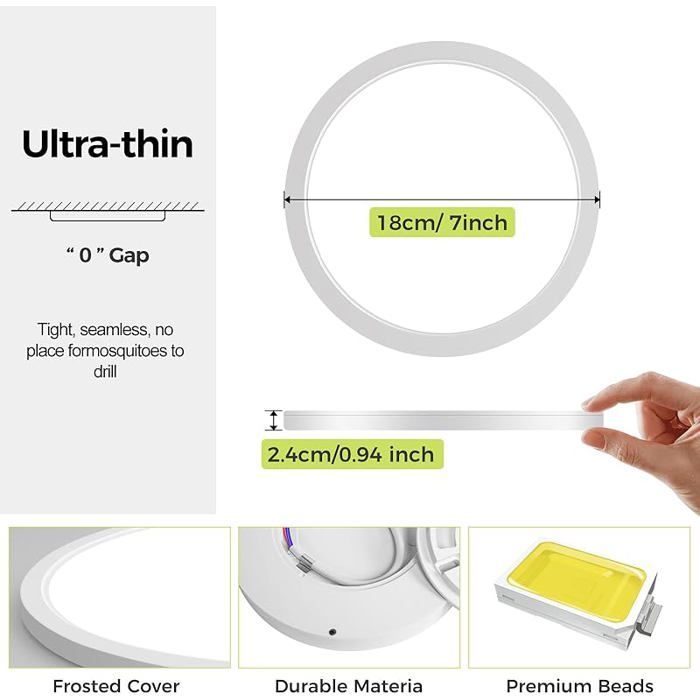 Lot de 2 Plafonnier LED Luminaire Salle de Bain 15W 3000K/4500K/6000K Sélectionnable Moderne Très mince éclairage de Blanc.