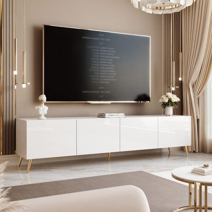 Mobile porta TV ANGEL - con LED - 200x40x49 cm - 4 ante senza maniglia - Bianco lucido