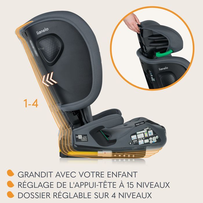 Seggiolino auto LIONELO Nelly i-Size 76-150 cm - ISOFIX - Pieghevole - Portabicchieri - Gruppo 1/2/3 - Grigio