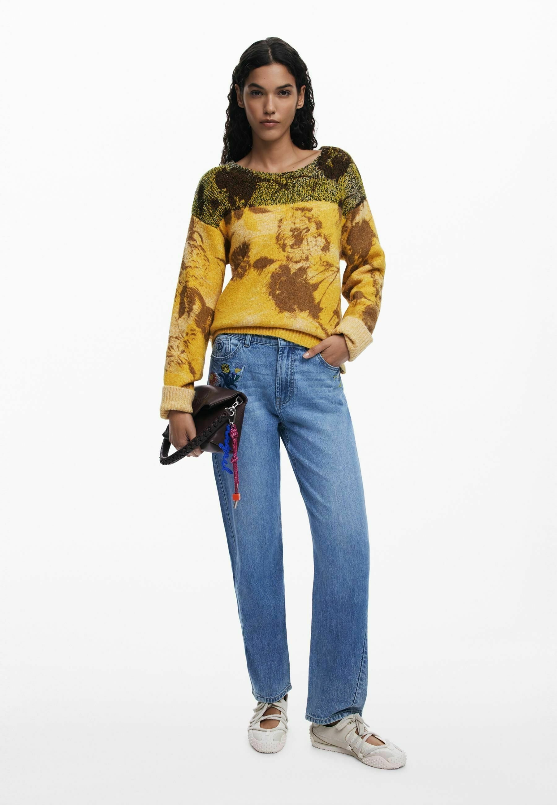 Desigual EMBROIDERED FLOWER - Taisnas džinsa bikses - zilas
