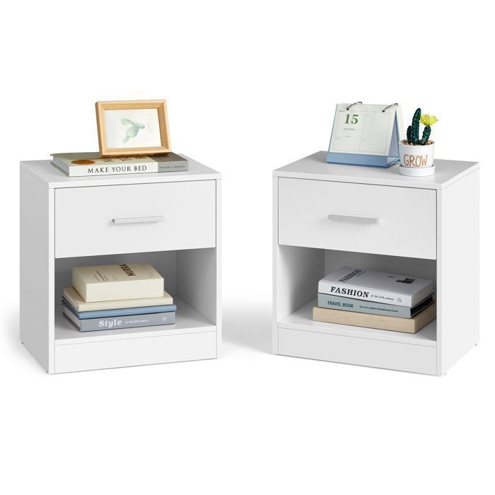 VASAGLE - Set di 2 comodini con cassetto, maniglia, vano a giorno e tavolino laterale, per camera da letto e soggiorno, colore bianco classico.