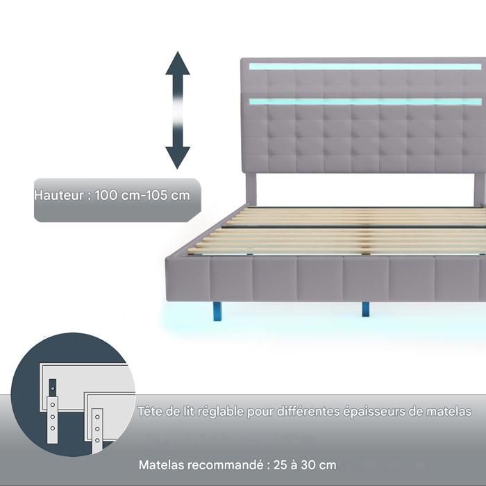 Tweepersoonsbed 140x190 cm - SUNFECILI - Grijs - Met LED-verlichting en USB-aansluiting - Linnen bekleding - Montage vereist