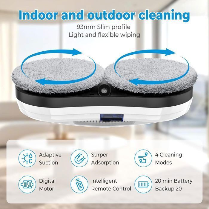 Robô Limpador de Janelas - DARMOWADE - 5600Pa - 3 Modos Automáticos - Controle Remoto - Reservatório de 35ml
