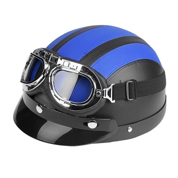 Casco abierto de media piel para moto/scooter con visera UV y gafas, estilo retro vintage, 54-60 cm - Azul