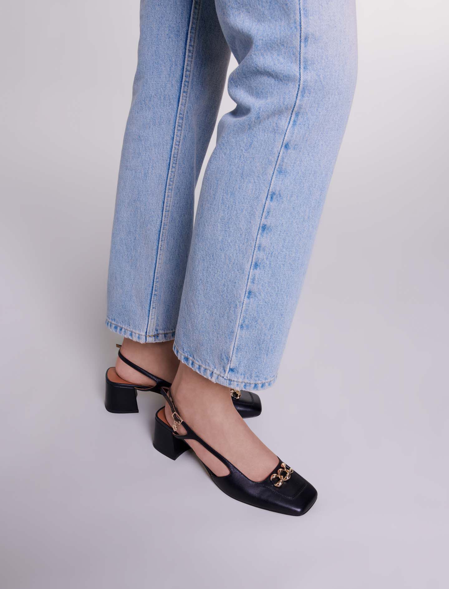 Leren schoenen met vierkante hak - Zwart