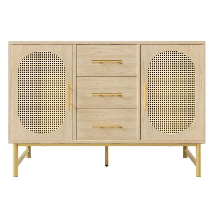 MEUBLES COSY Buffet en cannage en chêne avec 3 tiroirs, 2 portes, étagères réglables et dispositif anti-basculement