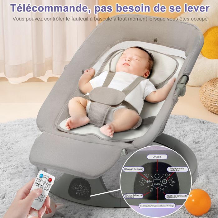 Columpio/hamaca eléctrico 3 en 1 para bebé con control remoto, pedal, mesa de alimentación, 5 modos de balanceo y música Bluetooth - Gris