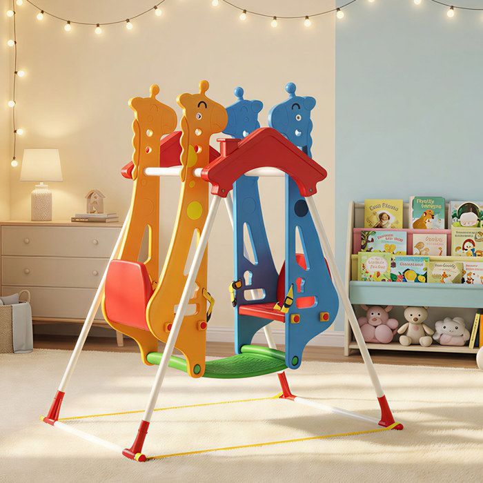 Columpio infantil - AIYAPLAY - Asiento doble enfrentado - Capacidad de carga de 30 kg - Estructura de acero - 114 x 94 x 134,5 cm - Multicolor