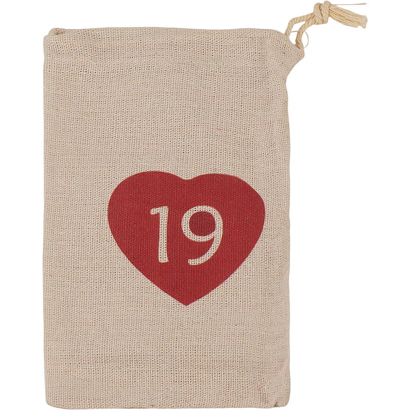 Calendario per la casa, sacchetti 12x20 cm 1-24 in tessuto con cuore