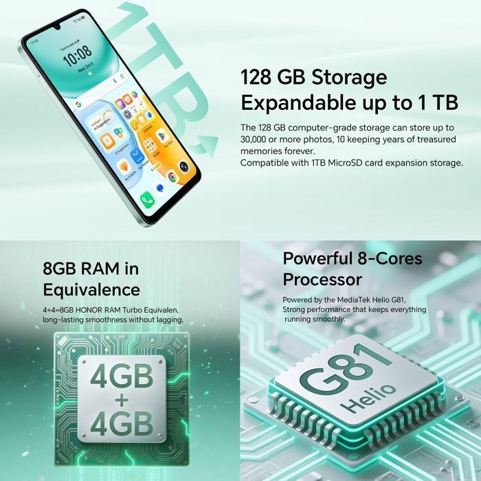 Smartphone 4G - HONOR X5c Plus - 4GB RAM - 128GB - Verde - Fotocamera ultra nitida da 50MP - Batteria da 5260mAh - Versione UE