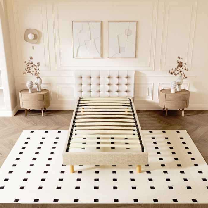 Base de cama tapizada, 90x190cm, robusta y cómoda. Cama de 90*190cm, 1x14 listones, 6 patas, altura del armazón 29cm, beige.