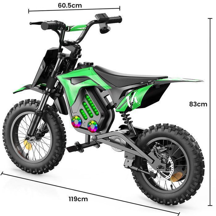 Moto électrique pour enfants A14 Vert, 500W, 3 Vitesses 8-27KM/H, Pneus 14’’ tout-terrain, Autonomie 22 km, Bluetooth, Amortisseurs