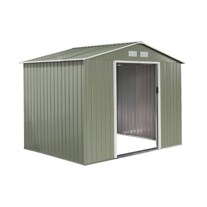 Abri de jardin en métal - FERRAIN 5.29m² vert et blanc - Cabane à outils avec deux grandes portes coulissantes. kit de fixation