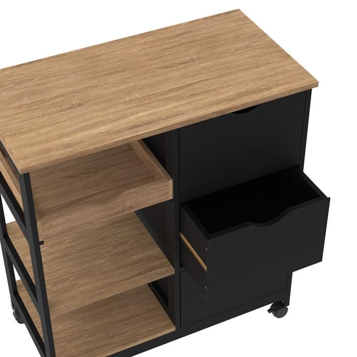 IDMARKET Desserte de cuisine MUNA 3 paniers + 1 plateau amovible noir et effet hêtre L.76 cm