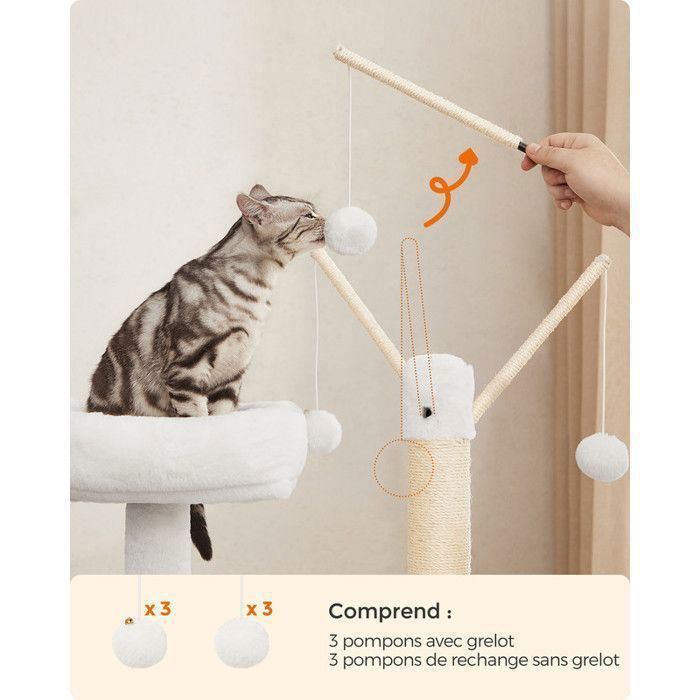 Feandrea Arbre à Chat avec Maison de Toilettes, Griffoir Moderne 2-en-1, Cache-litière, Bâtons avec Pompons Amovibles, Grège