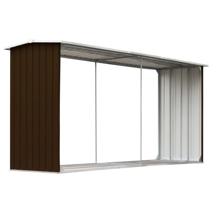 Magnífico y lujoso cobertizo para almacenar madera, leña o herramientas de jardín, de acero galvanizado, 330x92x153 cm, color marrón.
